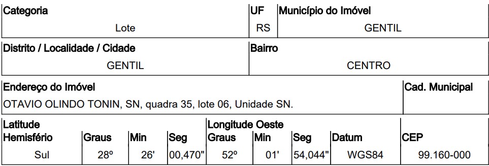 Terreno, Centro, Gentil, RS
