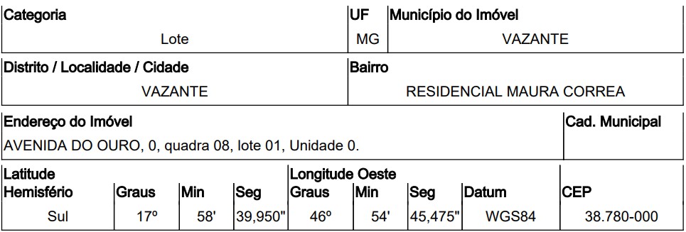 Terreno, Resid. Maura Correa, Vazante, MG