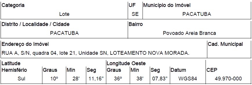 Terreno, Povoado Areia Branca, Pacatuba, SE