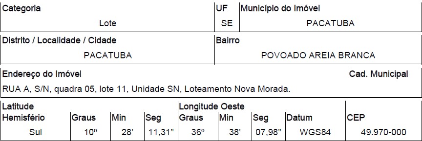 Terreno, Povoado Areia Branca, Pacatuba, SE