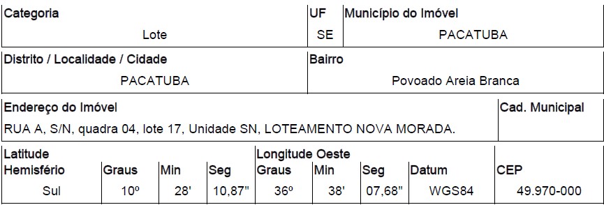 Terreno, Povoado Areia Branca, Pacatuba, SE