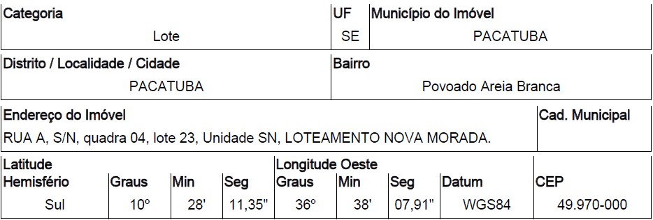 Terreno, Povoado Areia Branca, Pacatuba, SE